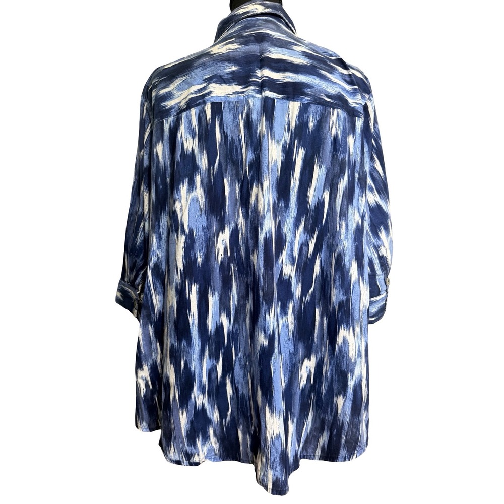 Catherines Womens 1XWP Blue White Ikat Cotton Button Down Short sleeve Blouse